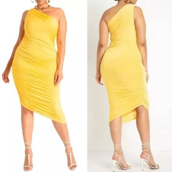 New! Eloquii Ruched One Shoulder Dress yellow ruched asymmetrical‎ midi, size 14 - Picture 1 of 16